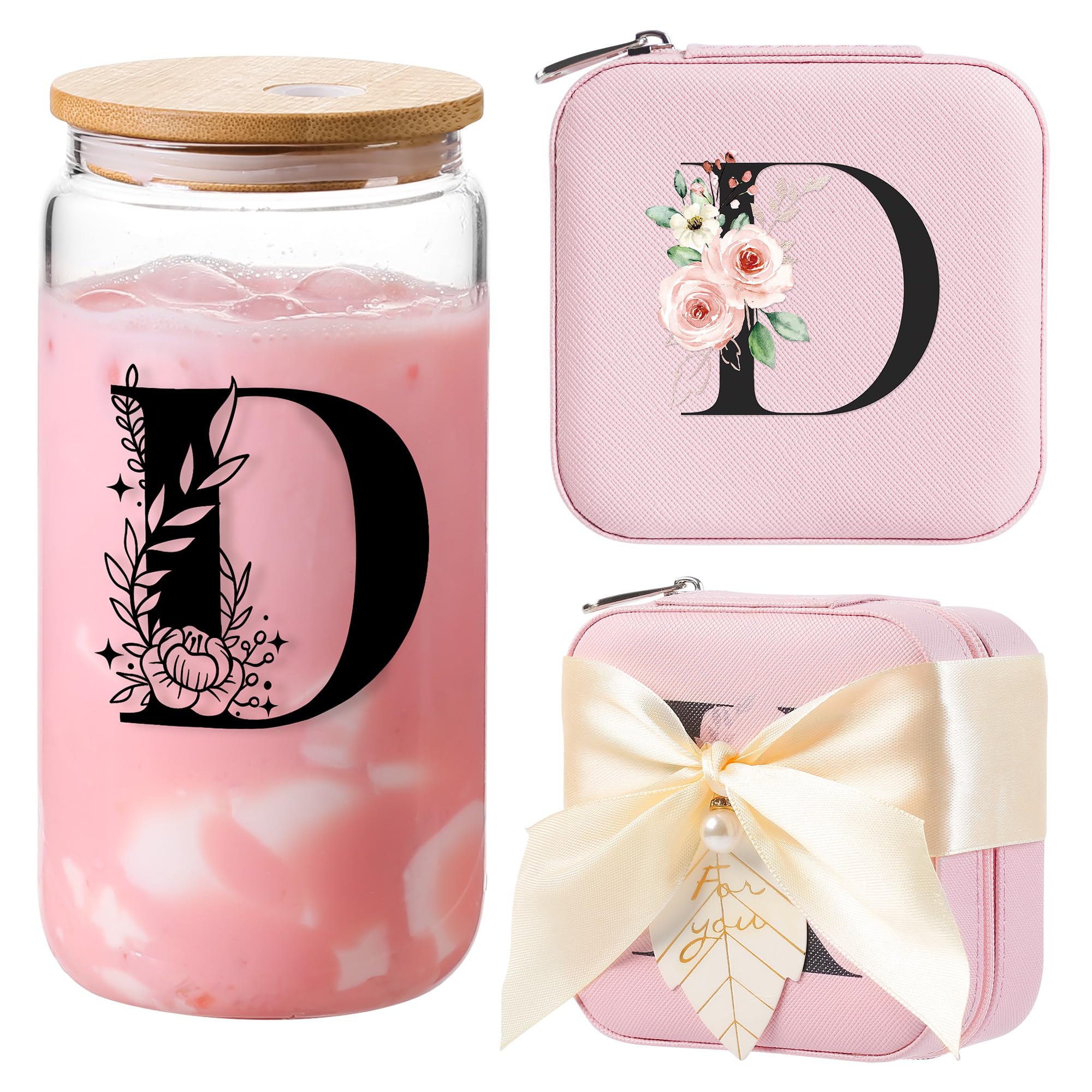 AYGXU Jewelry Box &amp; Glass Set, Pink, Personalized Initial, Small Travel Case, Graduation Gift for Girls