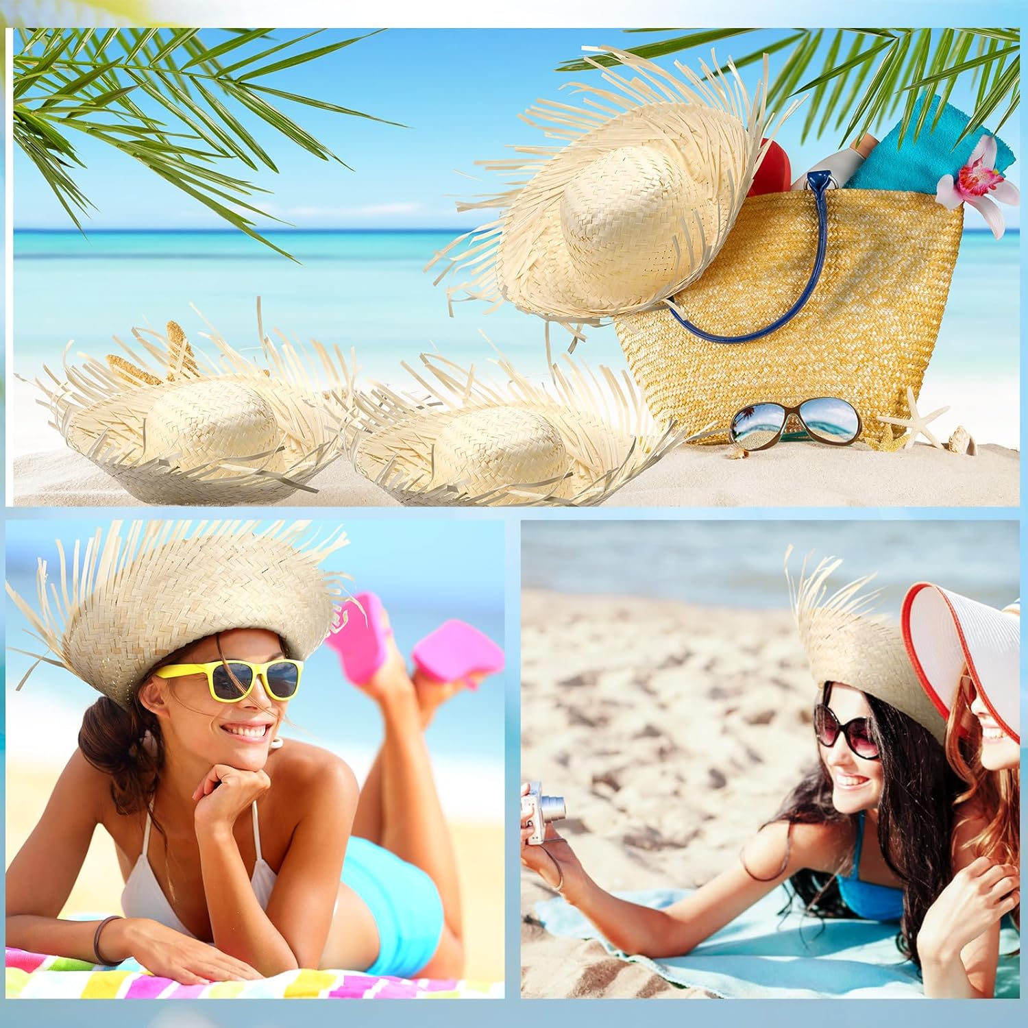 Patelai 4 Pcs Puerto Rico Straw Hat Hawaii Straw Hat Scarecrow Costume Accessory for Summer Beach Women Men