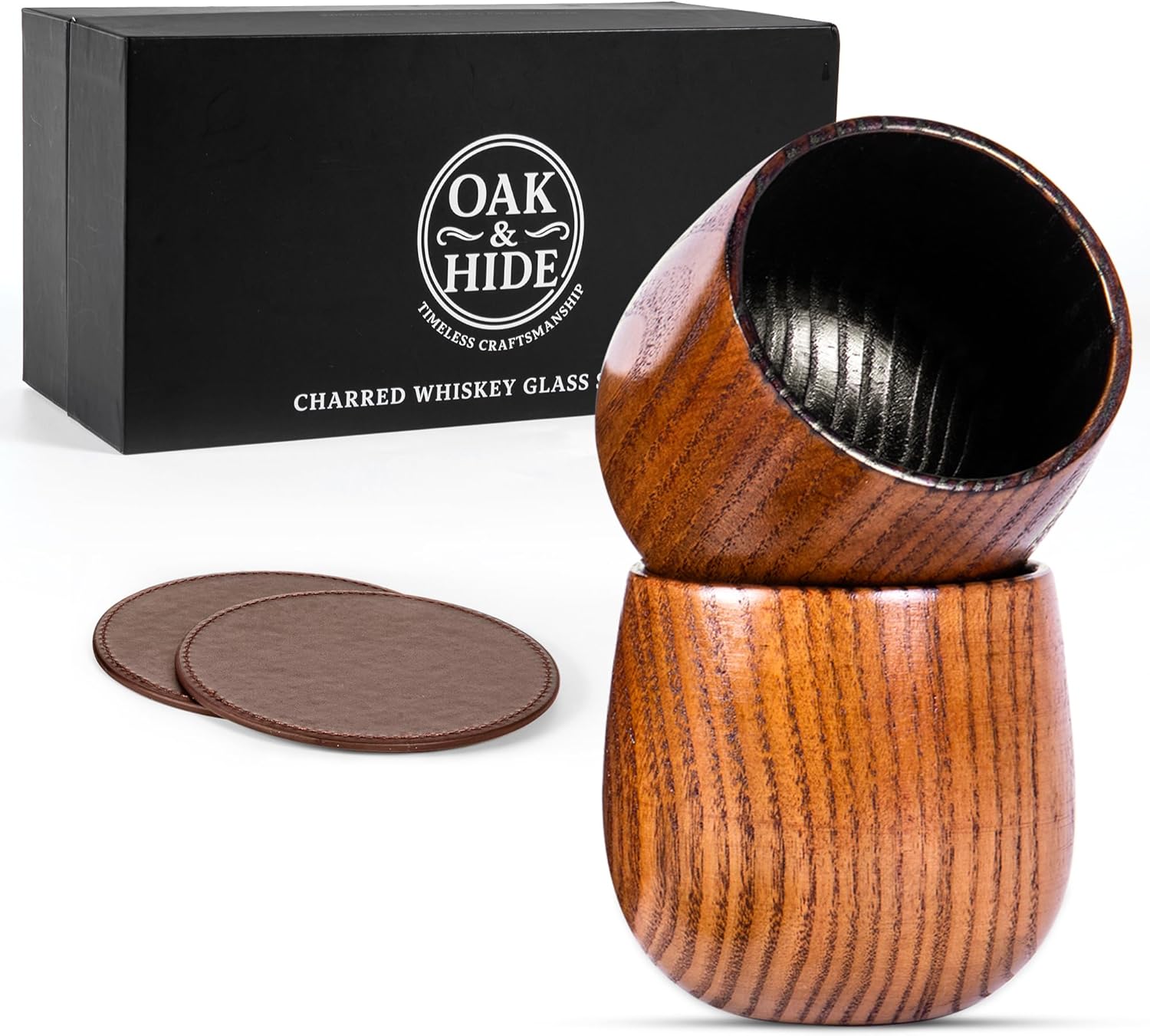Oak & Hide Charred Oak Whiskey Glasses Wooden Set of 2 with 2 Premium Leather Coasters – Perfect Birthday, Anniversary, Bachelor, or Father’s Day Gift for Men