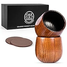 Juego de 2 vasos de whisky de madera de roble carbonizado Oak & Hide con 2 posavasos de cuero de primera calidad &ndash; regalo perfecto para cumplea&ntilde;os, aniversario, soltero o el D&iacute;a del Padre para hombres