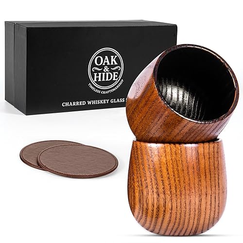 Oak & Hide Charred Oak Whiskey Glasses Wooden Set of