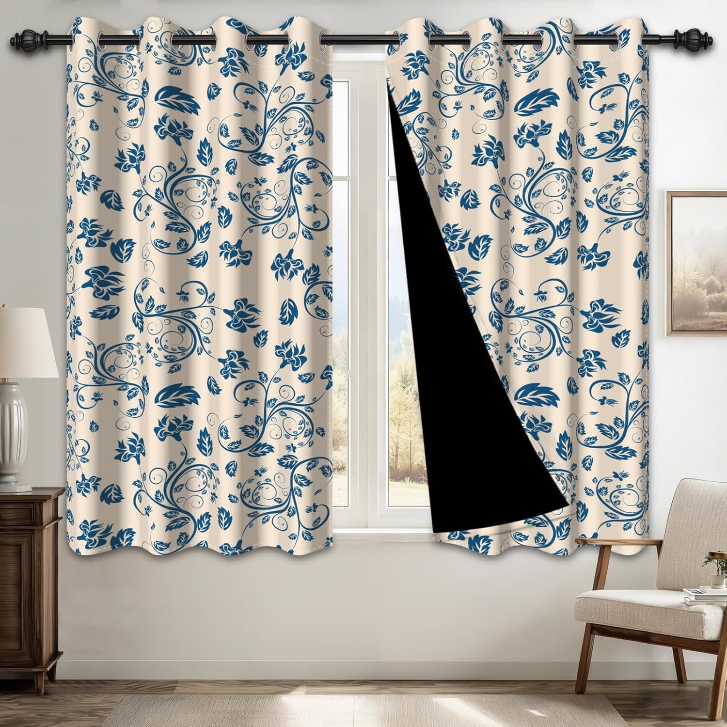 Blue Floral Blackout Curtains 63 Inch Long, Scroll Flower Patterned Black Out Curtains with Grommet, Soundproof Window Treatment Drapes for Bedroom Living and Dining Room, Beige, 52W X 63L