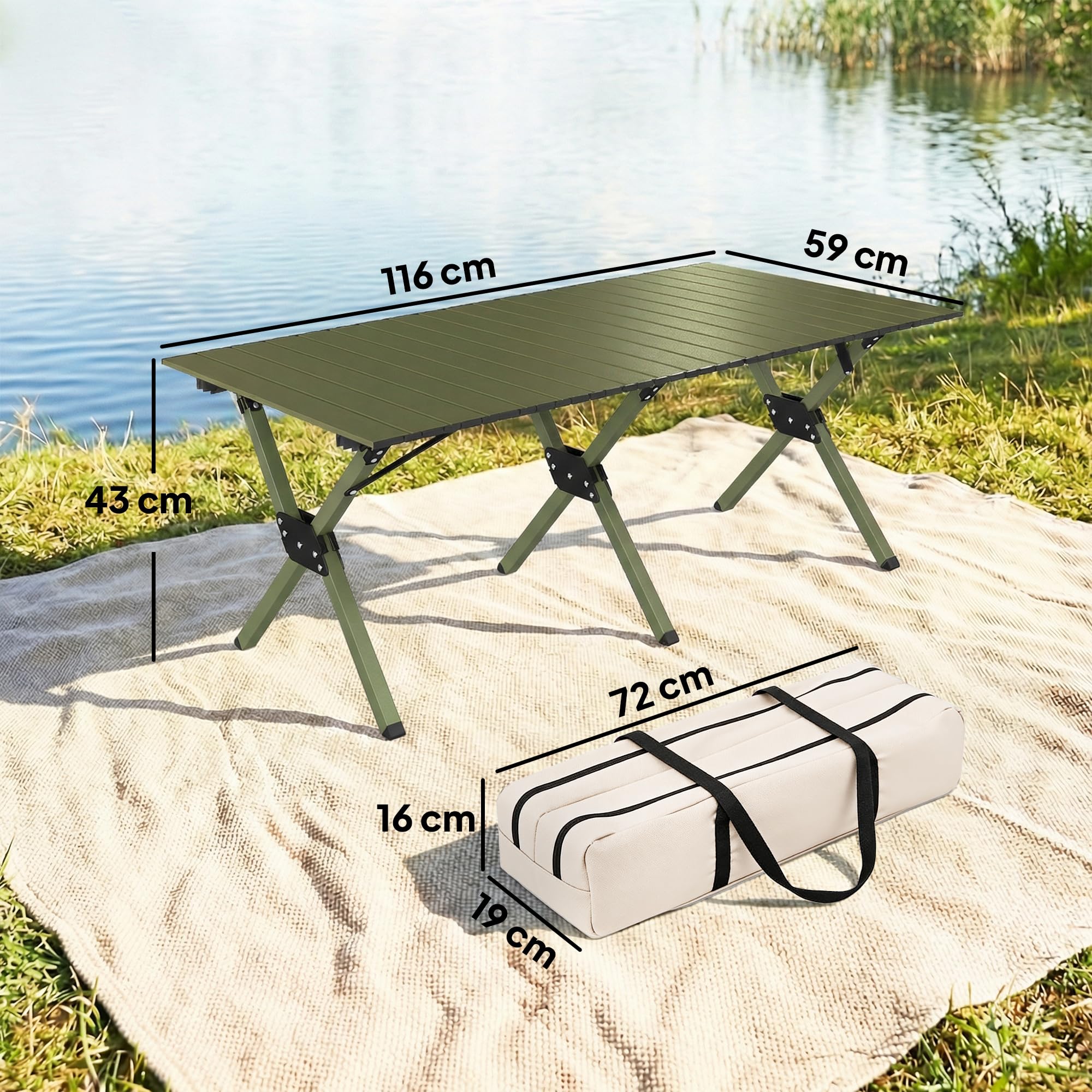 Outsunny Tavolo da Campeggio Pieghevole 116 cm, Tavolo da Picnic Impermeabile con Piano Arrotolabile e Struttura in Metallo, Portatile per Giardino, Parco, BBQ, Verde