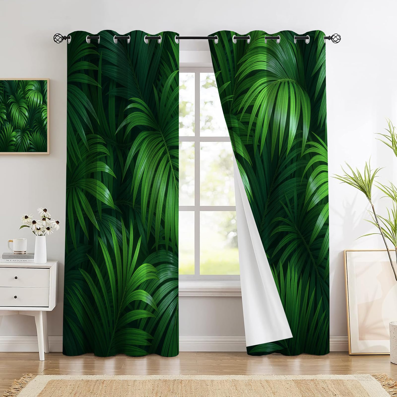 Rideau occultant jungle tropicale 140x160cm vert foncé lot de 2