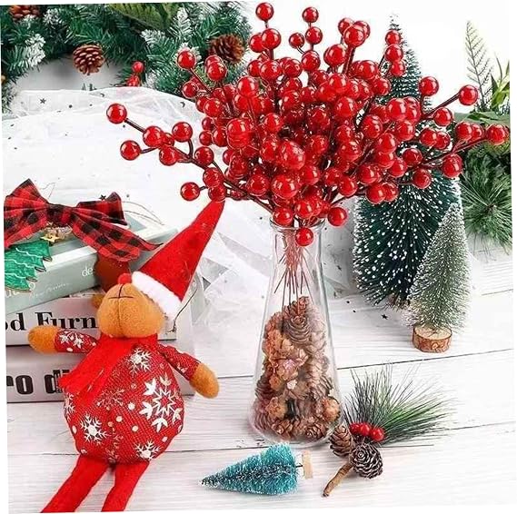 Red Berry Stems 100PCS 6.3 Inch Red Berry Picks Plastic Christmas Picks for Christmas Tree Holiday DIY Crafts, Xmas Decor