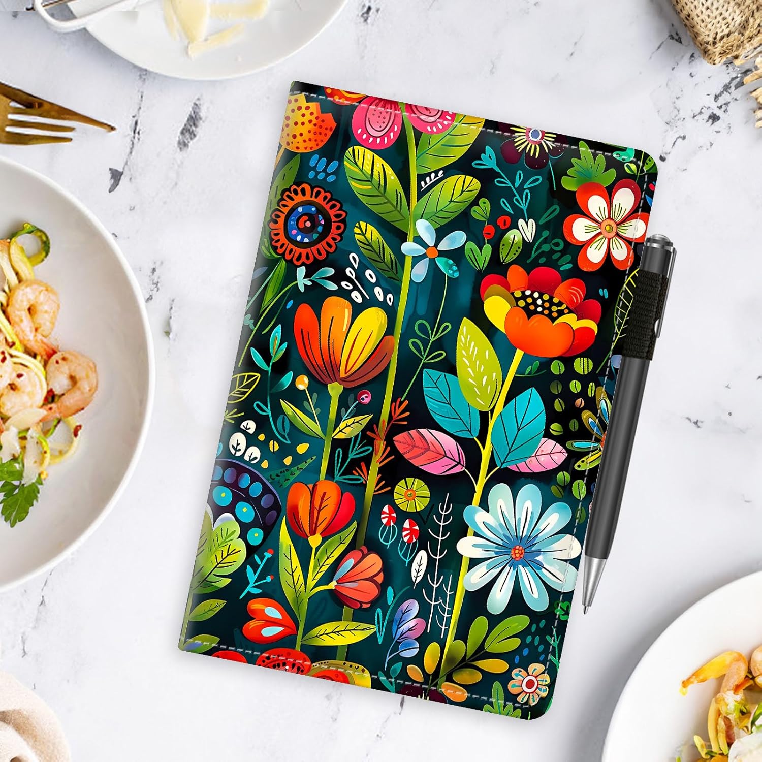 Server Books for Waitress with Zipper Pocket - PU Leather 8-Pocket Organizer (Checks/Cash/Cards), Botanical Bloom Floral Design | 5x8" Waitress Accessories for Hospitality Industry