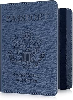 Passport Holder for Women and Men, Premium PU Leather Travel Passport Wallet RFID Blocking Passport Cover Travel Documents Organizer (JD-Blue)