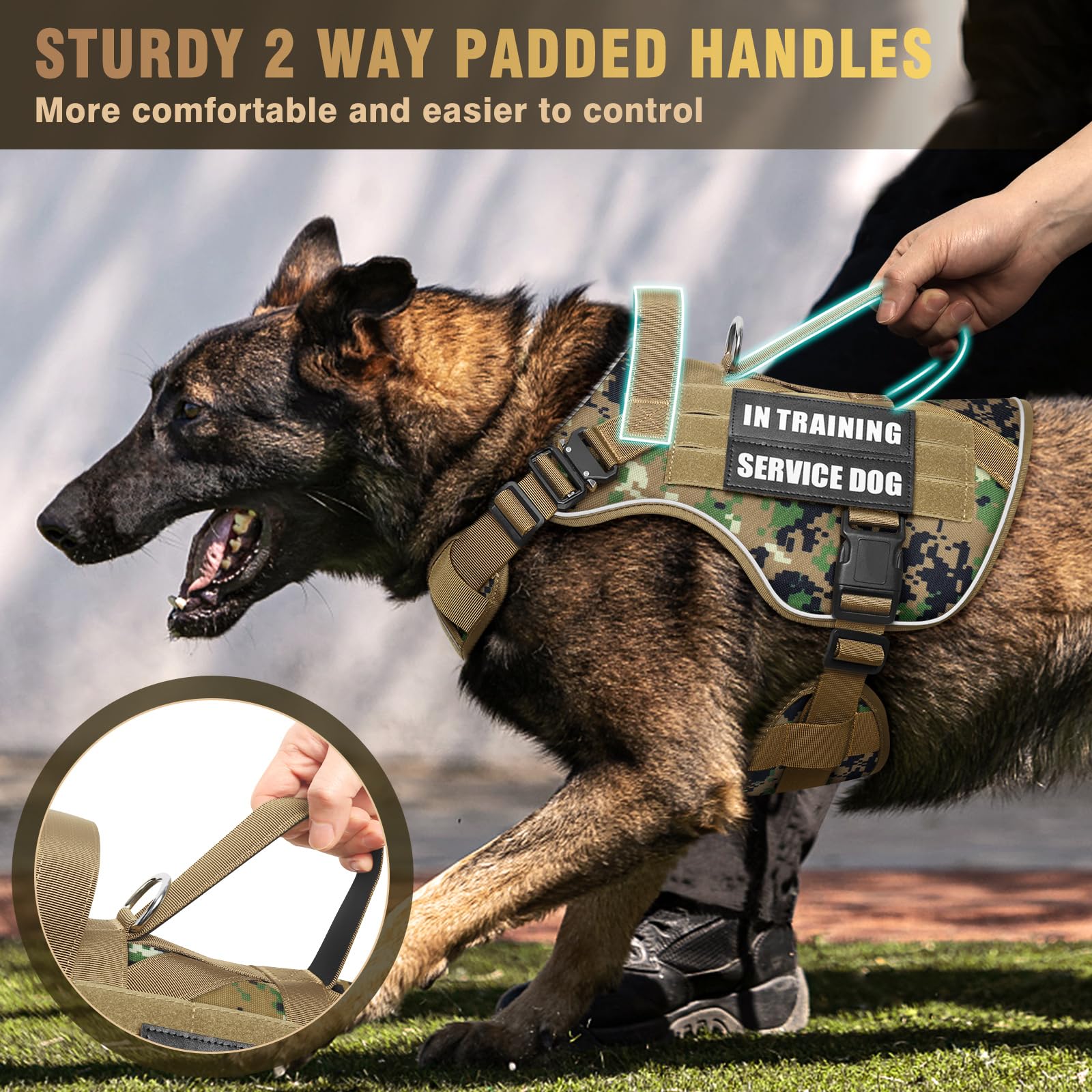 WINSEE Arnés táctico para Perros Grandes, Chaleco MOLLE de Trabajo de Servicio con 10 Parches para Mascotas, 2 Hebillas de Metal, arnés Resistente para Entrenamiento, Caza y Caminata