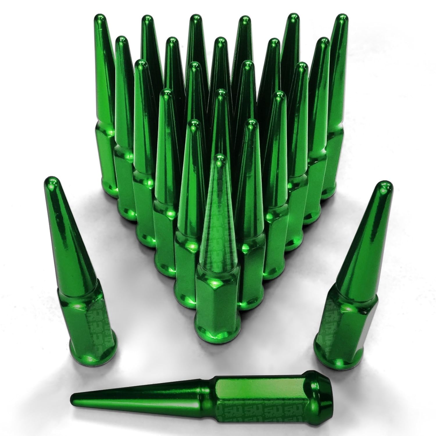 50 Caliber Racing 12x1.25mm Wheel Spiked Lug Nuts with Extended Spike Design, Fits Nissan, Subaru, Infiniti, Chevy, Kawasaki, Yamaha, Geo, Chevrolet, Suzuki, (Set of 24, Green)