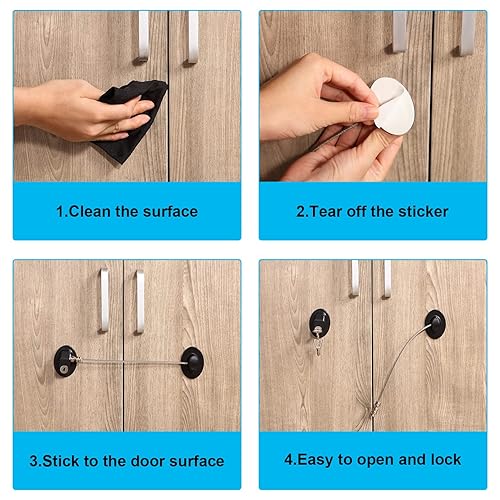 Miniatura 5 de Hotop Paquete de 4 cerraduras de gabinete con llaves, mini cerraduras de refrigerador para niños pequeños, autoadhesivas, a prueba de niños y bebés,