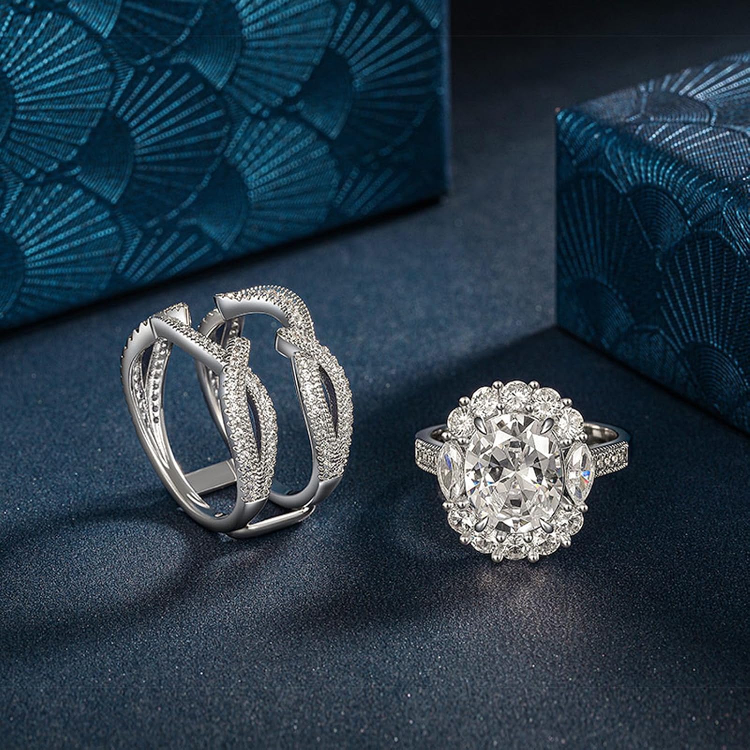 Jeulia Double Halo Oval Cut Bridal Set, 5.5CT Cubic Zirconia Sterling Silver Rings, 2PC Interchangeable Women's Wedding/Engagement Set with Jewelry Box