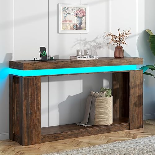 Loomie Mesa consola de 63 pulgadas de largo con luces LED y toma de corriente, mesa de sofá de granja de 2 niveles detrás del sofá con