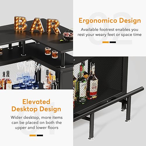Miniatura 6 de Tribesigns Home Bar Unit L-Shaped Liquor Bar Table with Stemware Racks and 2-Tier Shelves Corner Mini Bar Cabinet Coffee Bar Table with Footrest for