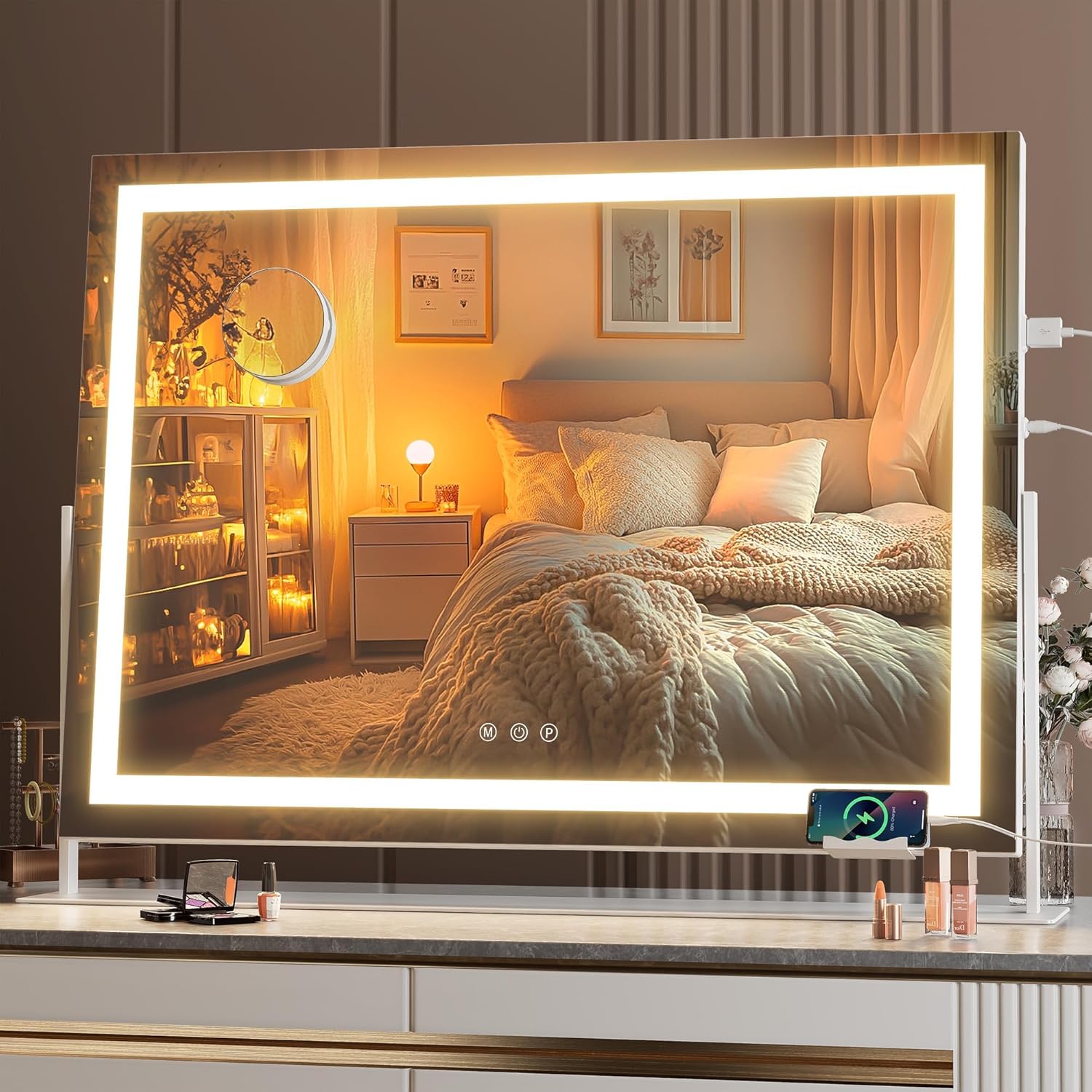 Hasipu Vanity Mirror with Lights, 28" x 20" LED Makeup Mirror, Light up Mirror with 10X Magnification, USB Charging Port, Smart Touch 3 Colors Dimmable (White)