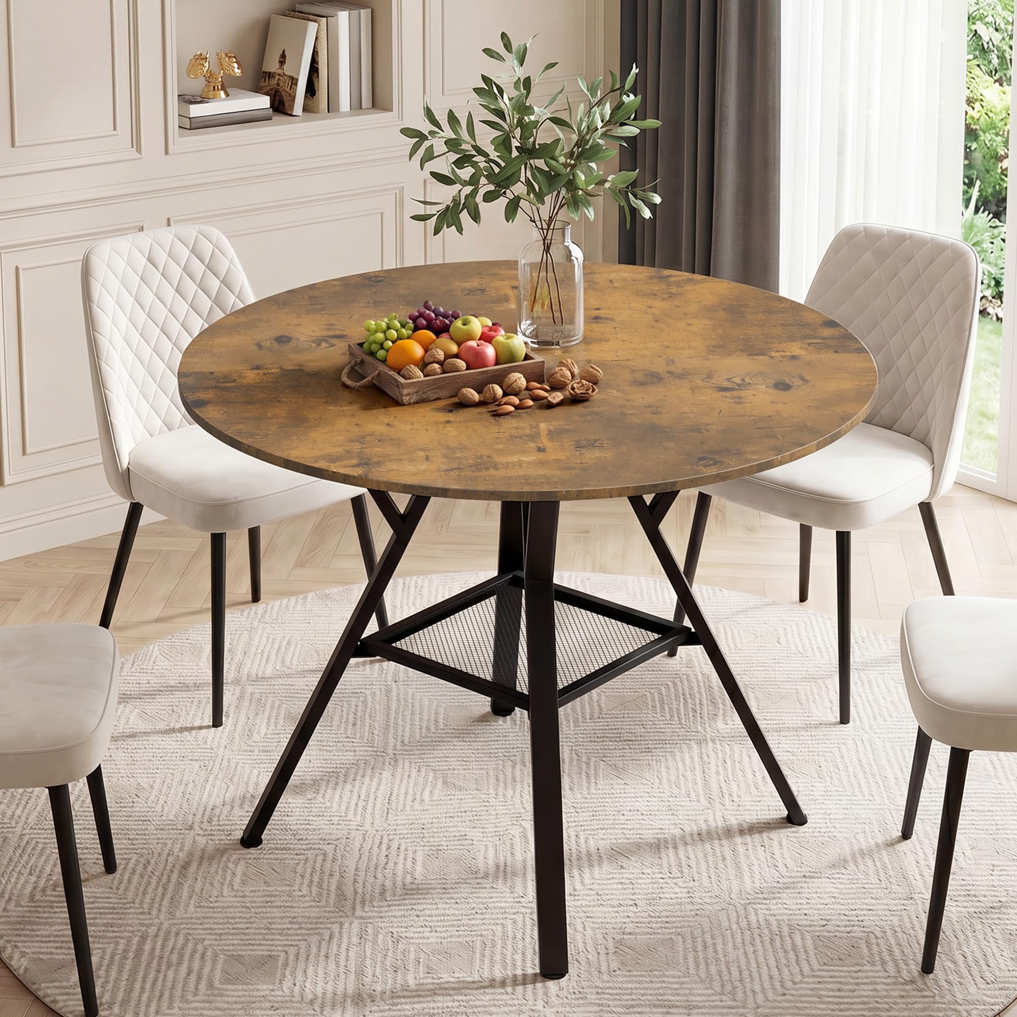 Tavolo da Pranzo Rotondo per 4-6 Persone, Tavolo da Cucina Industriale con Ripiano a Rete, Tavolo in Legno Salvaspazio per Sala da Pranzo e Cucina (Retrò, 100cm)
