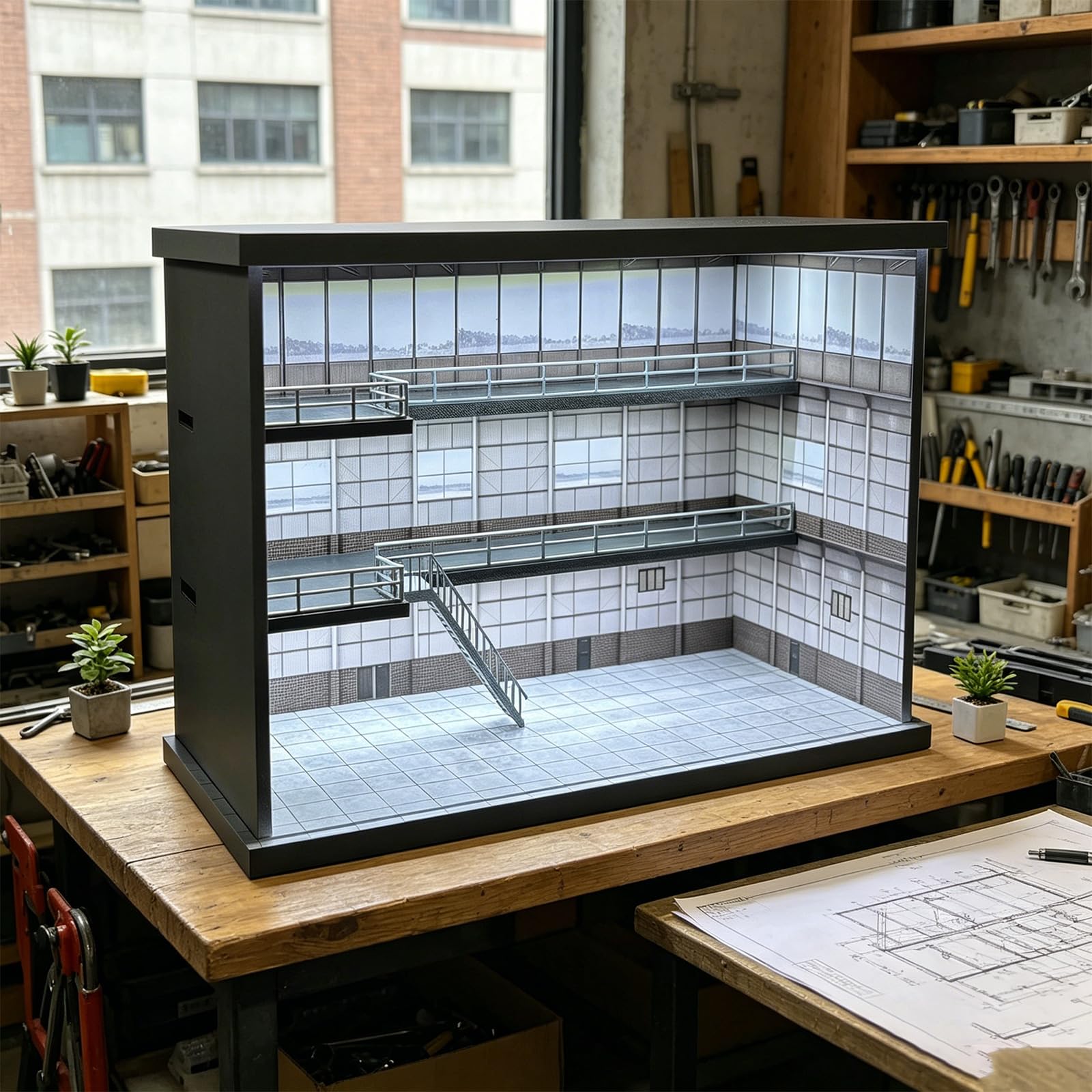 Vetrina per garage in PVC con illuminazione, scatola di esposizione per auto a più livelli per scrivania da collezione in scala 1/64, supporto per auto in alluminio pressofuso per parcheggio in