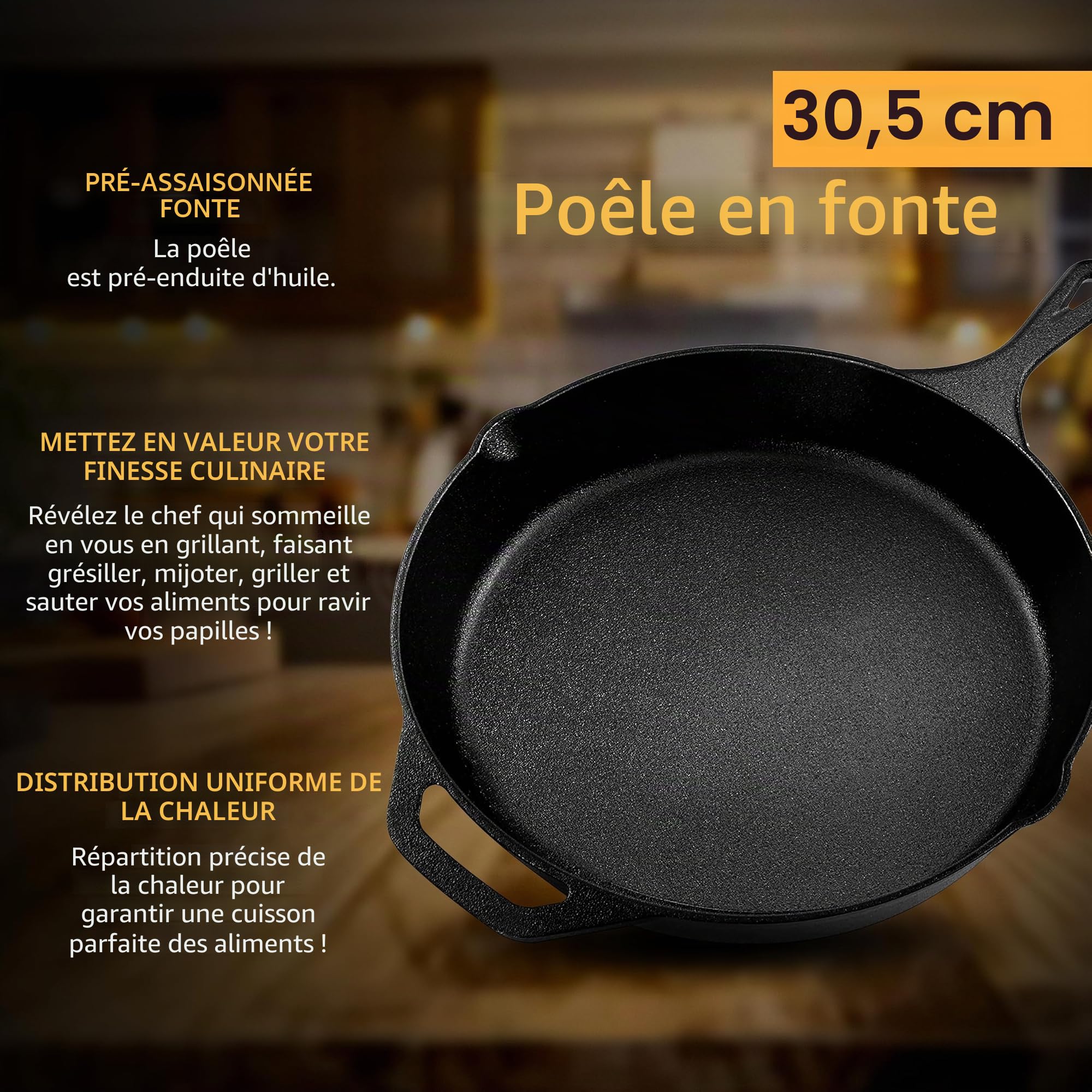 KICHLY Poêle en fonte pré-assaisonnée - Poêle à frire - ustensile de cuisson sûr pour l'intérieur et l'extérieur - Poêle en fonte de 12 pouces (30,5 cm)