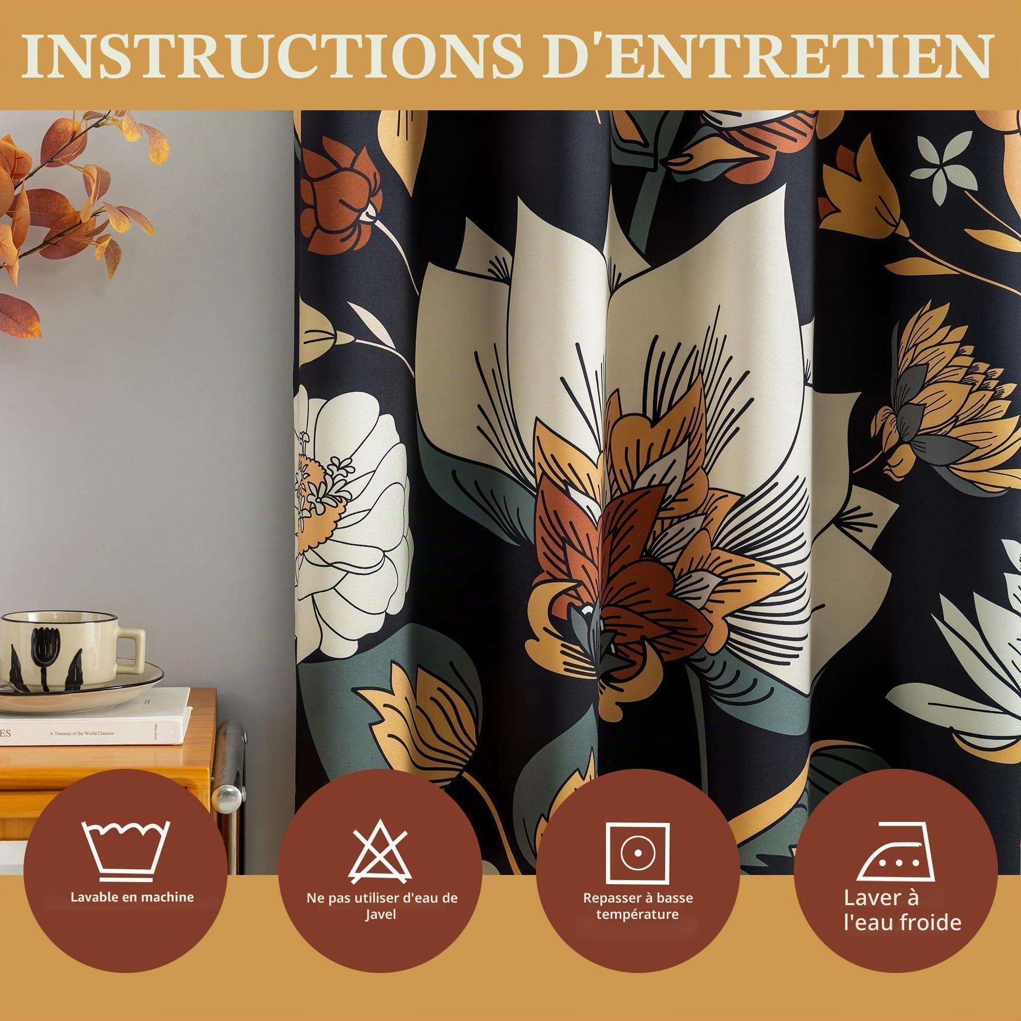 Tyrot Lot de 2 rideaux 100 % occultants à isolation thermique avec œillets, motif floral bohème style Mid-century, pour salon, chambre à coucher, l 132,1 x L 213 cm, noir