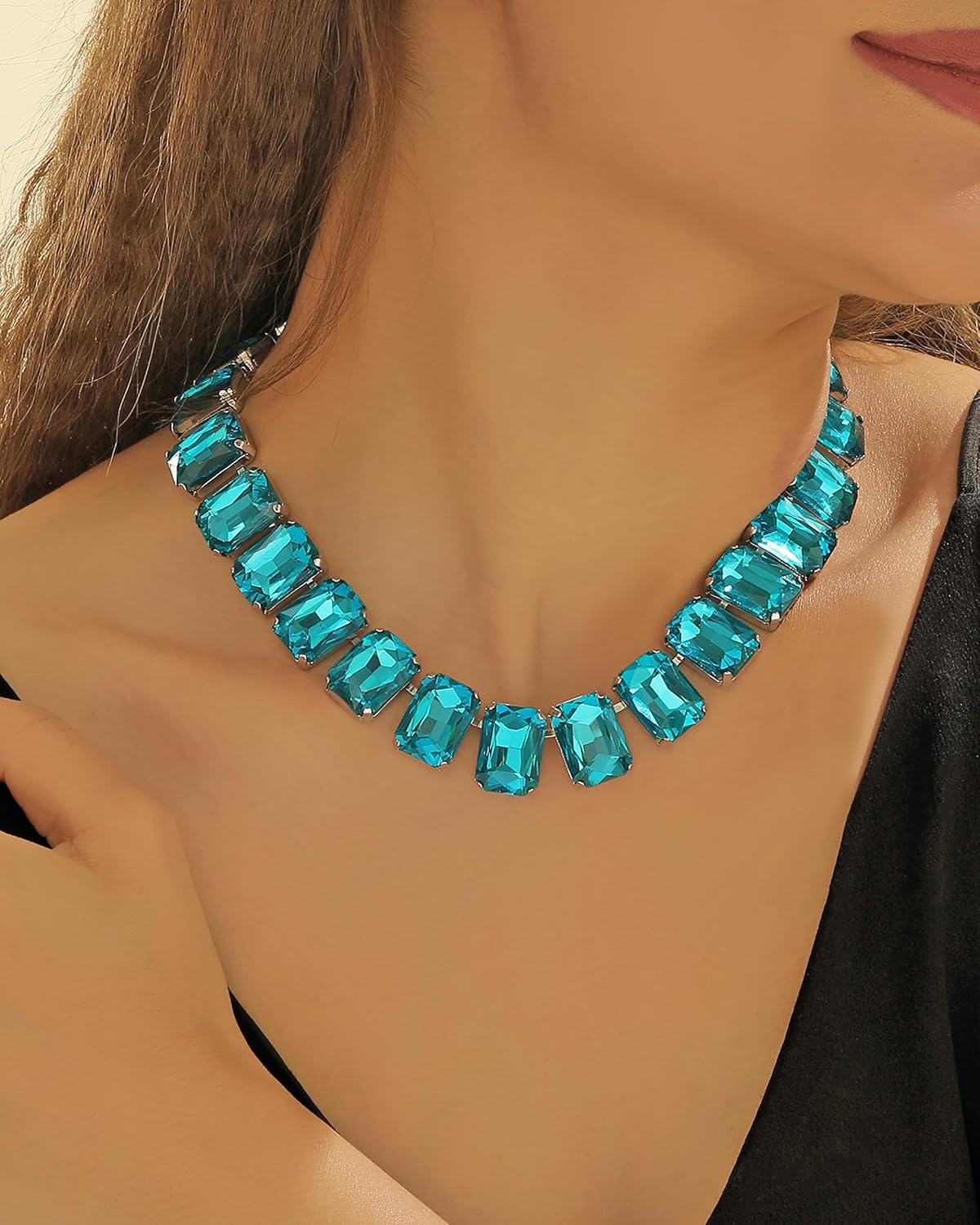 Firstmeet Rectangular Crystal Rhinestone Collar Necklace Wedding Sparkly Colorful Crystal Choker For Women - Image 2