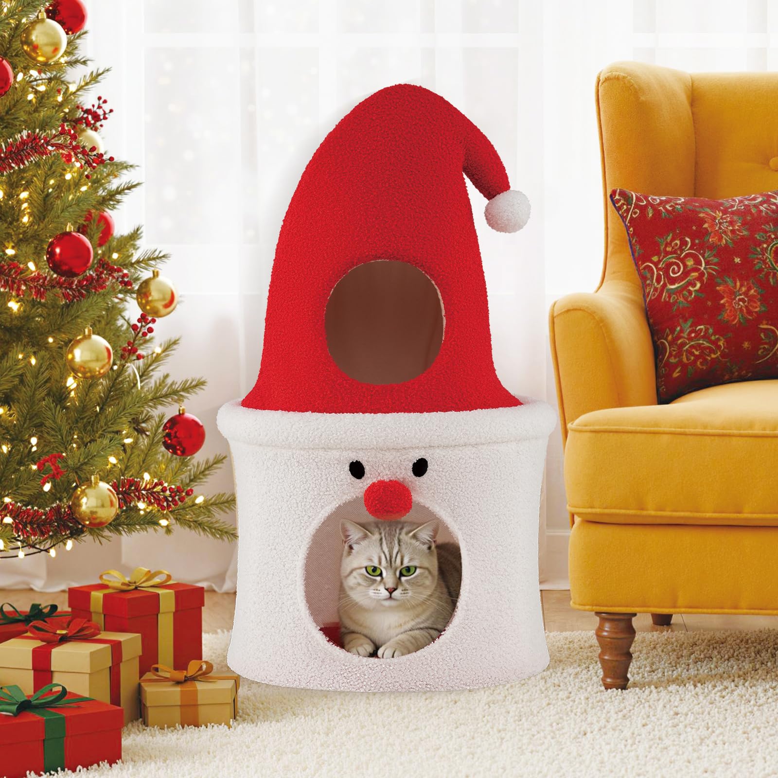 COSTWAY Árbol de Navidad para Gatos, 75 CM Torre para Gatos en Forma de Papa Noel con Percha Superior Acolchada, Condominio, Suave Cojín de Felpa, Casa Gato de Interior para Decoración Navideña