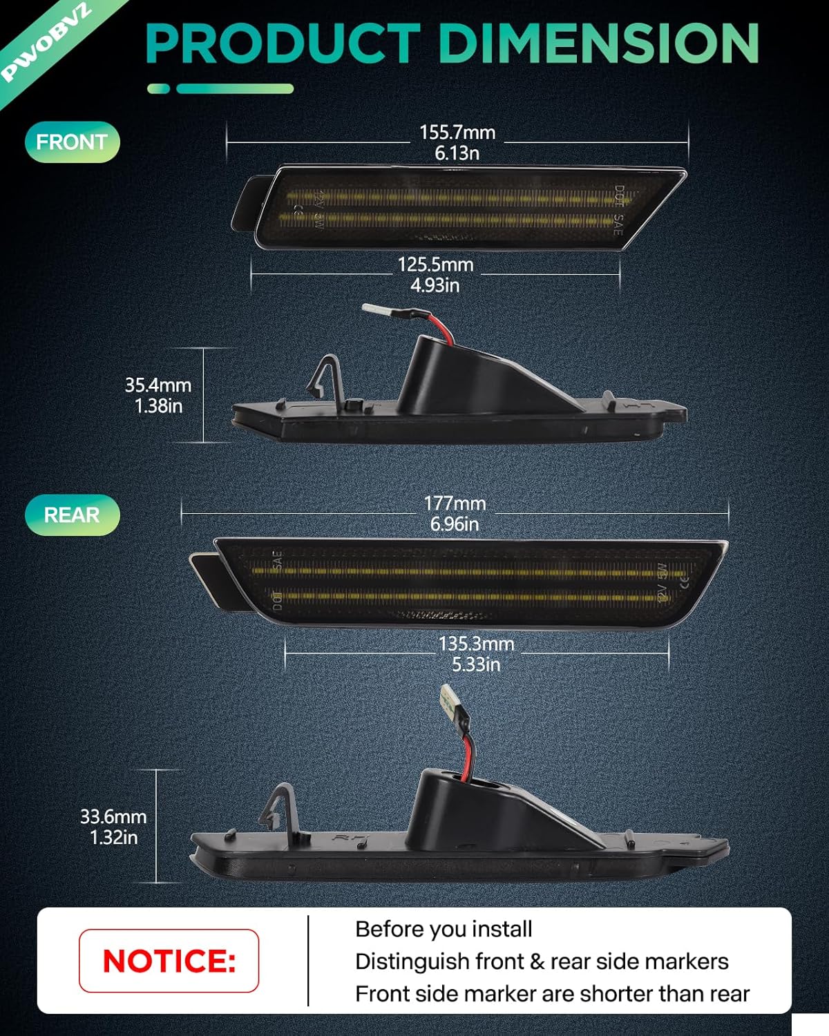 Dual Rows Green LED Side Marker Light Assembly for Chevy Camaro 2010 2011 2012 2013 2014 2015 Front Rear Bumper Fender Parking Marker Lamps Reflectors Smoked Len, Pack of 4