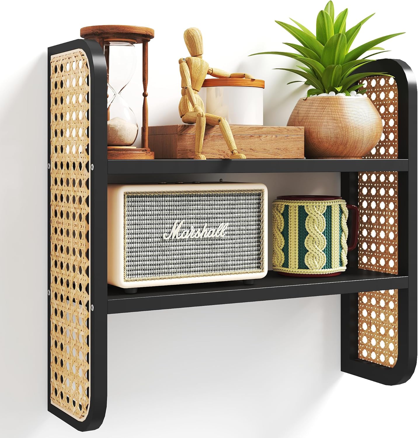2-Tier Rattan Shelf, Black Rattan Bookshelf Wall Mounted, Handmade Woven Display Shelf, Decorative Boho Shelves for Entryway, Nursery, Kitchen, Bathroom, Living Room