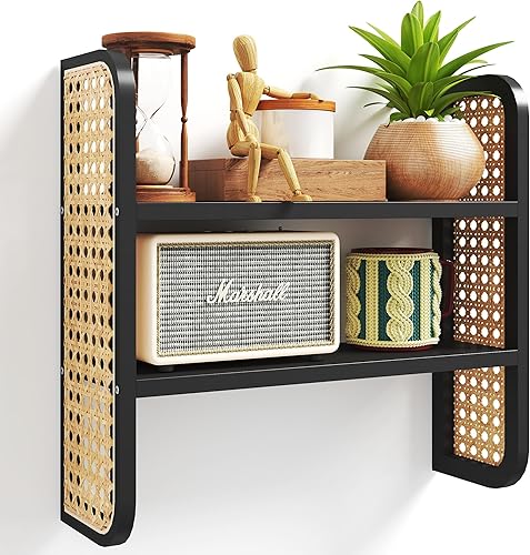 Estante flotante de madera de ratán con toallero, estante colgante de mimbre de 17 pulgadas de largo con barandillas, estantes para libros de
