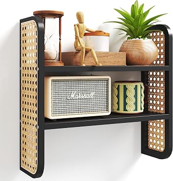 2-Tier Rattan Shelf, Black Rattan Bookshelf Wall Mounted, Handmade Woven Display Shelf, Decorative Boho Shelves for Entryway, Nursery, Kitchen, Bathroom, Living Room