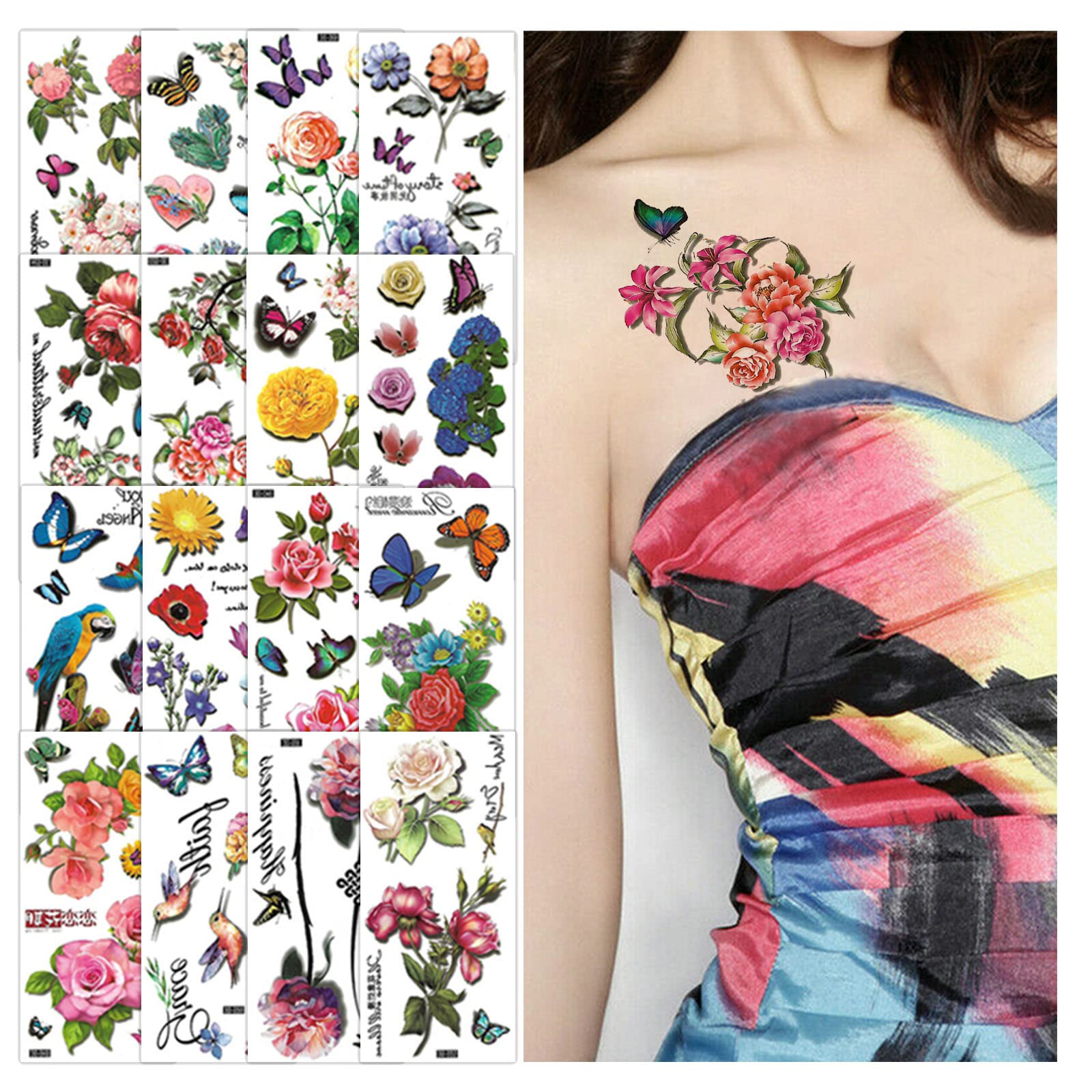 COOLIFlowers Temporary Tattoos Stickers 16 Sheets 3D Butterflies Flowers Text Mixed Style Design for Summer Women Girls Body Art Decoration