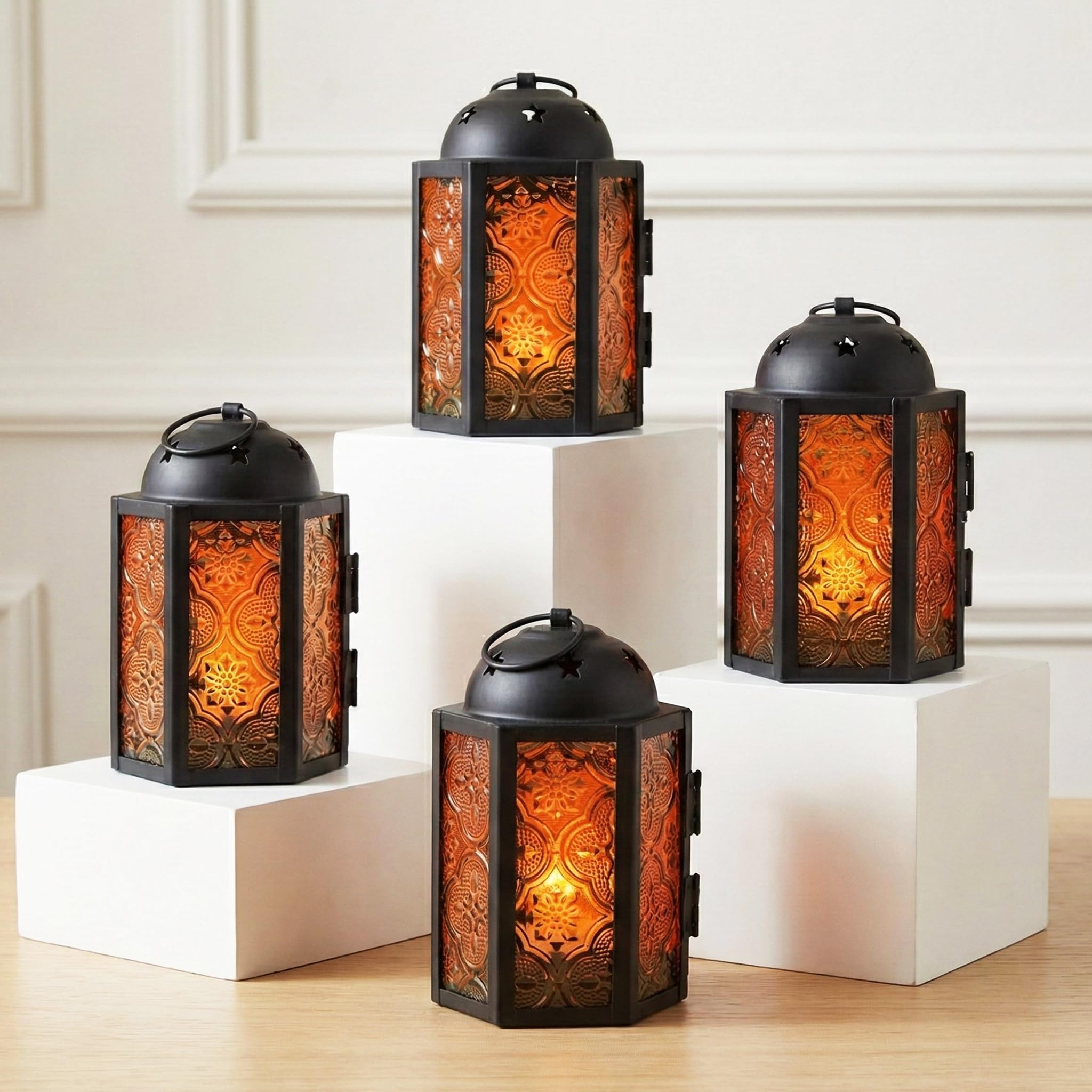 Decorative Candle Lantern for Halloween, Weddings, Patio, and Home Decor, Small Mini Moroccan, Amber Glass, Set of 4