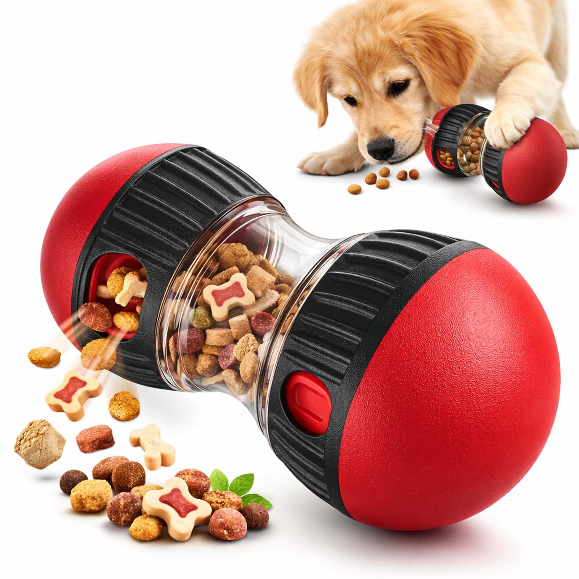 Easing Dog Treat Dispensing Toy, Interactive Slow Feeder Puzzle Ball, Adjustable Food Dispenser for Training & Enrichment, for Small & Medium Dogs (Not for Aggressive Chewers) (Red)