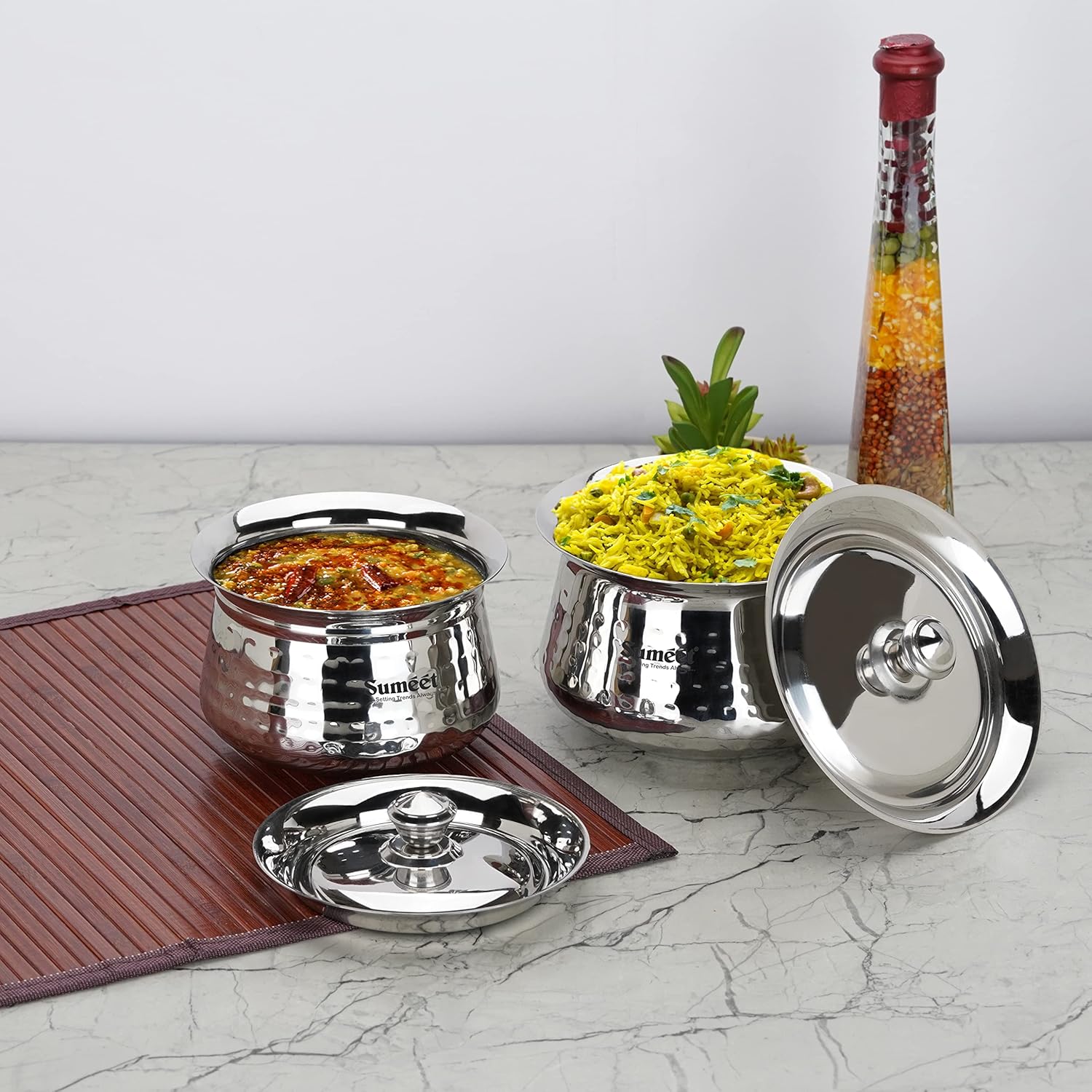 Sumeet Stainless Steel Handcrafted Hammered Texture Handi Set with Lid for Kitchen, Set of 2, 460ml & 650ml, Silver