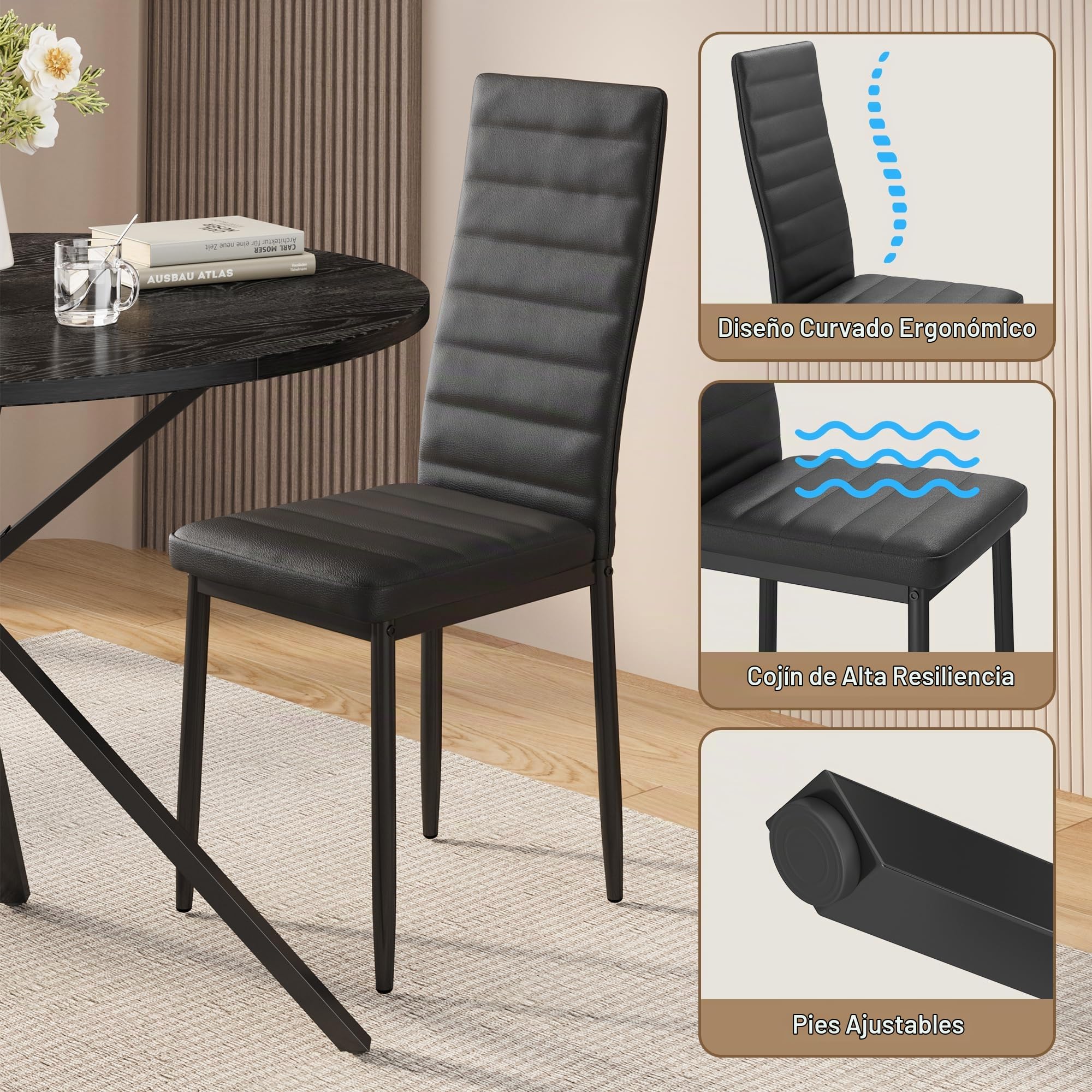 Xbro Conjunto Mesa y 4 sillas de Comedor，Mesa de Comedor Redonda para Comedor Cocina Salón, Estructura Resistente para Espacios Pequeños y Grandes, Negro