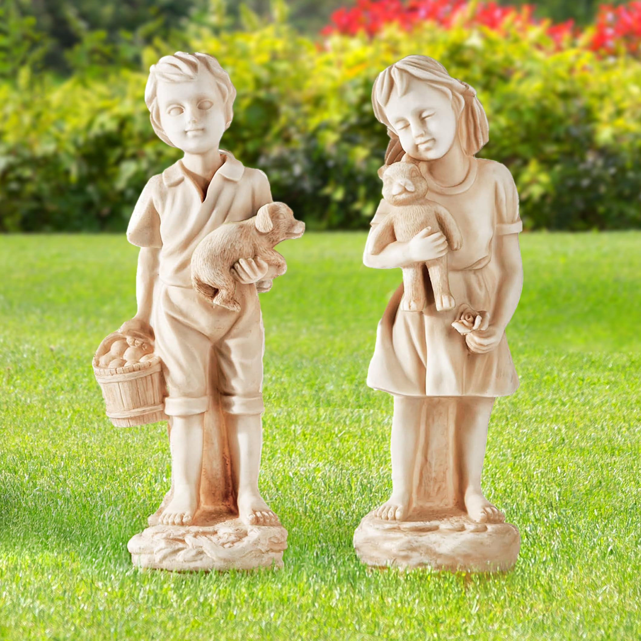Garden Mile Large Boy & Girl Standing Statues Garden Ornaments Outdoor Stone Effect Resin Hand Crafted Lawn Statue Sculpture Home & Garden Décor Patio Decking