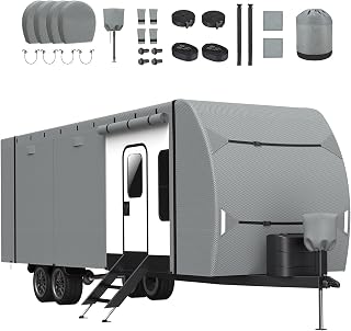 RV Cover, Upgraded Heavy Duty Waterproof RV Travel Trailer Cover Thick 7 Layers Top Fits 27'-30', Anti-UV & Windproof Camper Cover with Tongue Jack Cover, Tire Covers and Gutter Covers