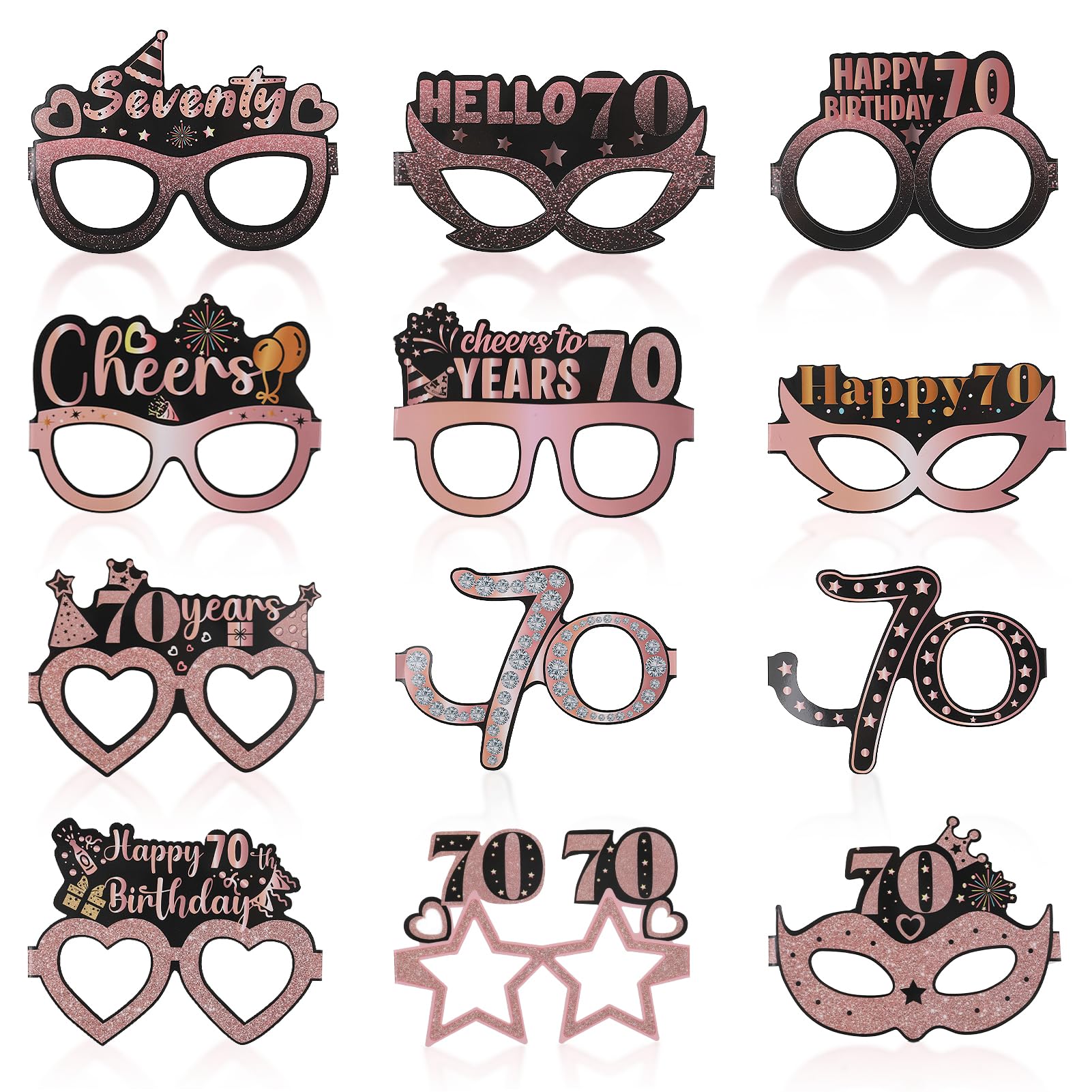 saerryor 24 Pcs 70th Birthday Glasses Happy Birthday Glasses 70th Birthday Decorations for Women Pink Rose Gold Black Birthday Sunglasses Photo Booth Props 70th Party Decorations