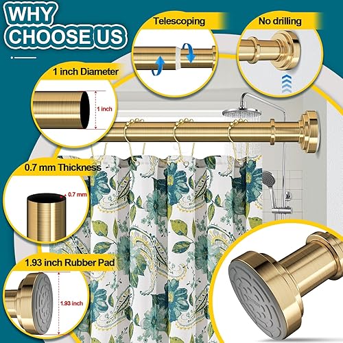 Miniatura 6 de Barra de cortina de ducha dorada de 36 a 68 pulgadas (3-5.6 pies), nunca se oxida, no se oxida, no perfora, barra de ducha de tensión de resorte,