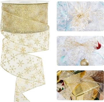 HUIHUANG Snowflake Christmas Wired Ribbon 2-1/2" x 50 Yards, Gold Sheer Glitter Snowflake Wire Ribbon for Christmas Tree Decorations, Wreaths, Gift Wrapping