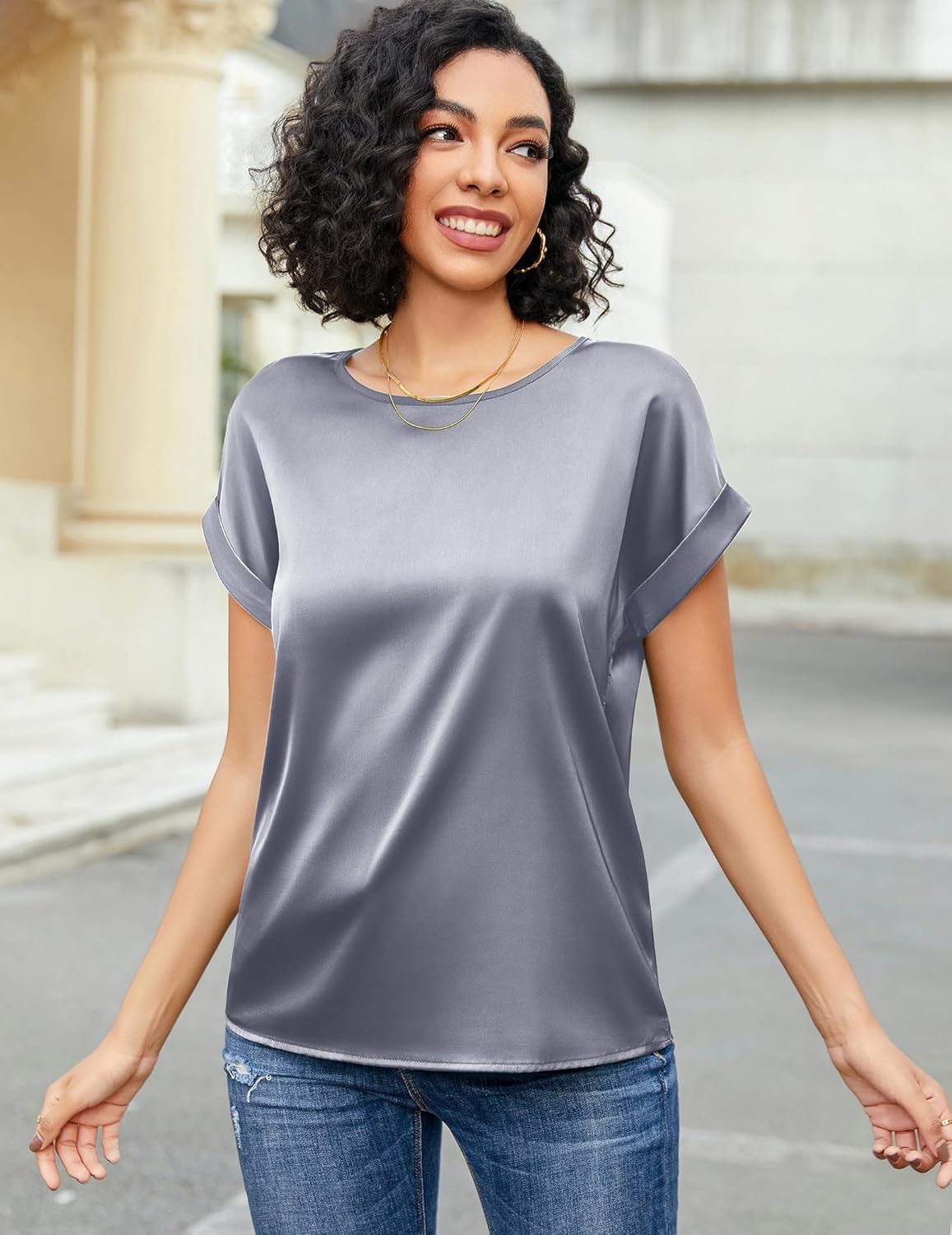 HOTOUCH Women's Short Sleeve Pullover Blouses Satin Silk Shirts Casual Loose Work Tunic Tops - Image 3