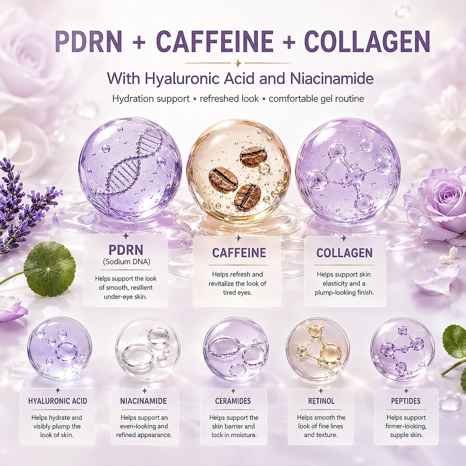 Hydrogel Under Eye Patches for Puffy Eyes & Dark Circles, Eye Mask | Caffeine collagen eye patches for women; PDRN gel under eye mask, dry under-eyes, E-shaped, Lavender Purple, 5 pairs