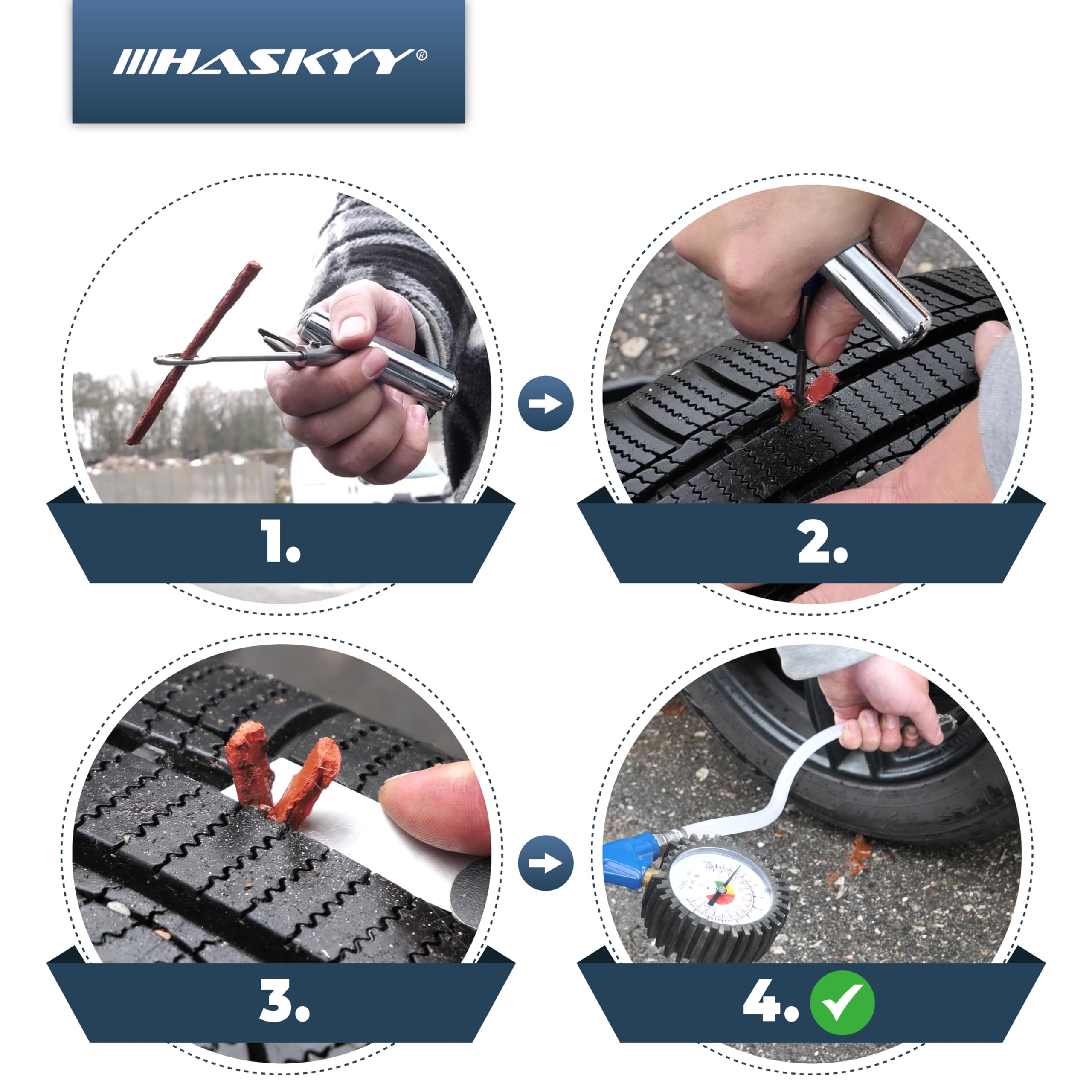 HASKYY Kit Riparazione Pneumatici 53 Pezzi Tubeless – Set Completo per Auto Moto ATV SUV
