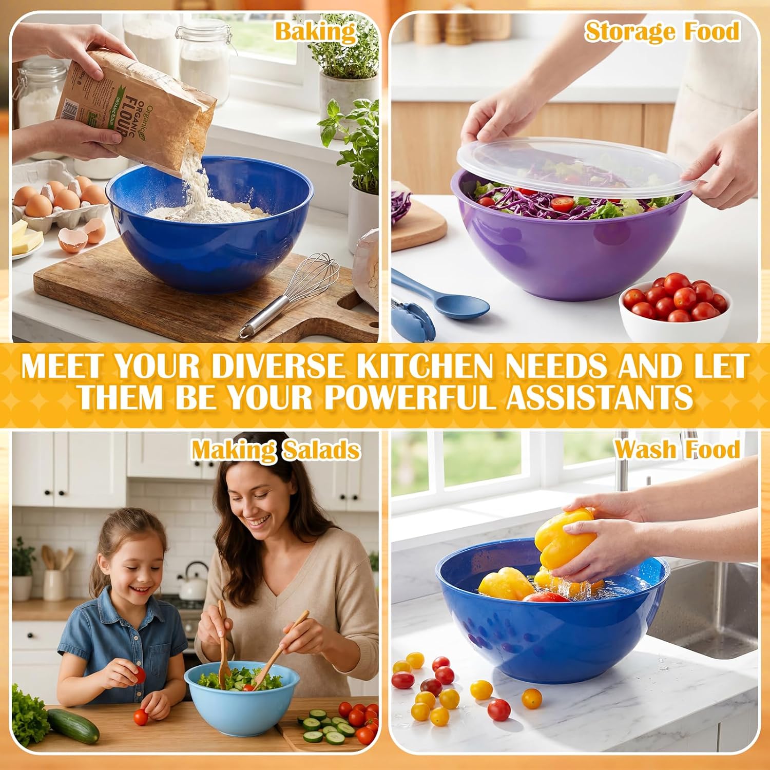 LemonRoad 6 Pcs Plastic Mixing Bowl Set with Lids Colorful Serving Bowl Nesting Storage Bowls for Kitchen, Baking, Prepping, Cooking and Serving Food, Dishwasher & Microwave Safe (Dark Blue)