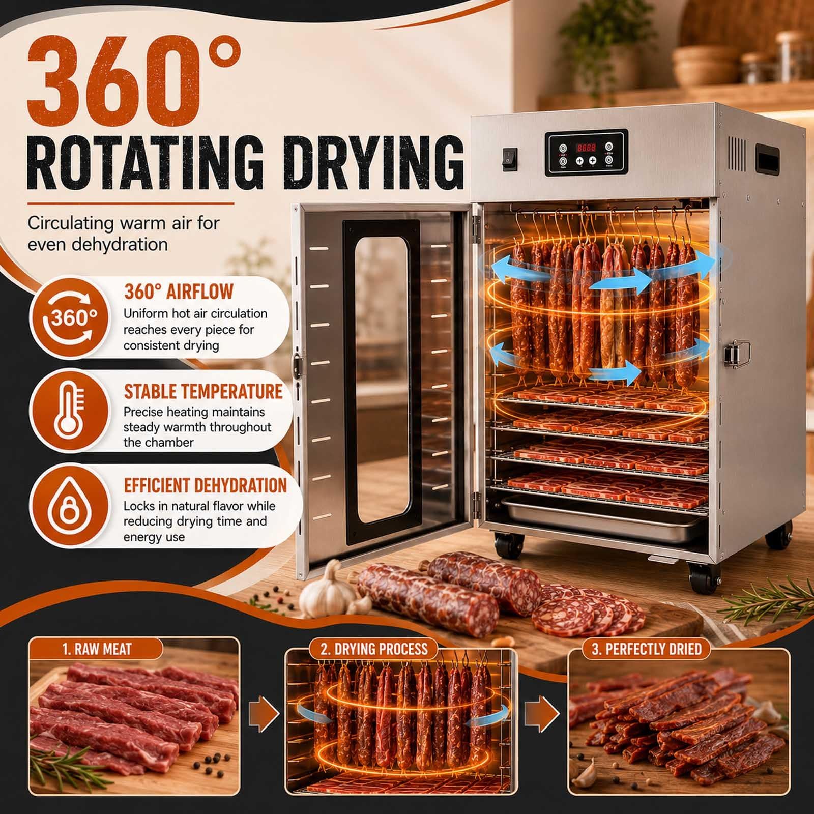 Dry Ager Für Fleisch Mit 360°-Luftstrom Und 30–90 °C Regelung Withgrid | 800 W Edelstahl-Reifeschrank Mit 30–90 °C, 24-H-Timer, 360°-Heissluft, 14 Haken Und 5–7,5 Kg Kapazität.