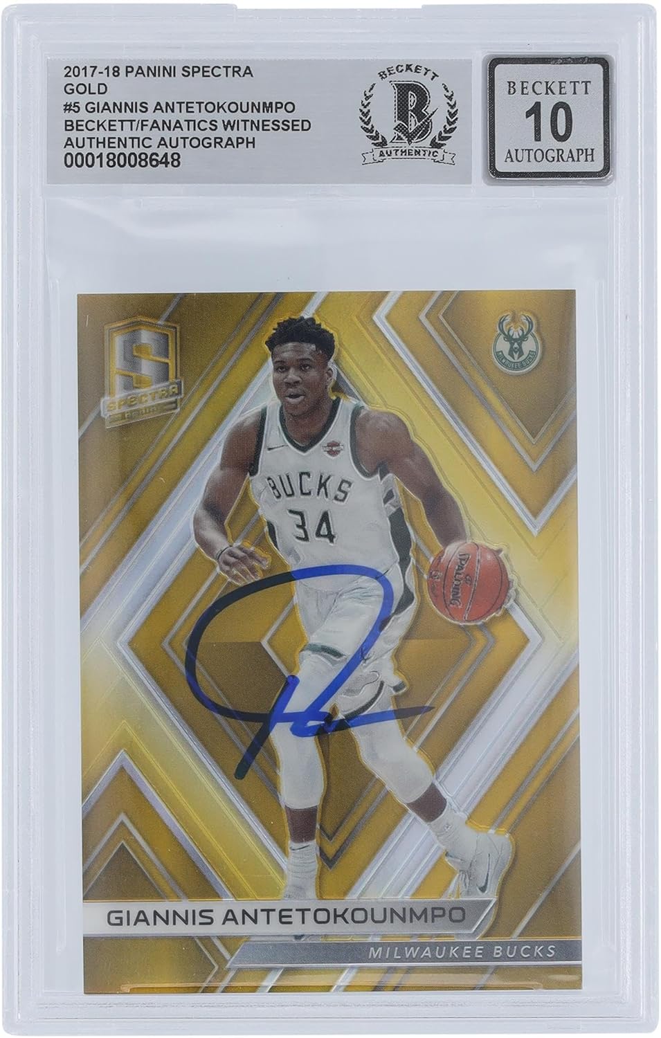 Giannis Antetokounmpo Milwaukee Bucks Autographed 2017-18 Panini Spectra #5#3/10 Beckett Fanatics Witnessed Authenticated 10 Card - Basketball Autographed Cards