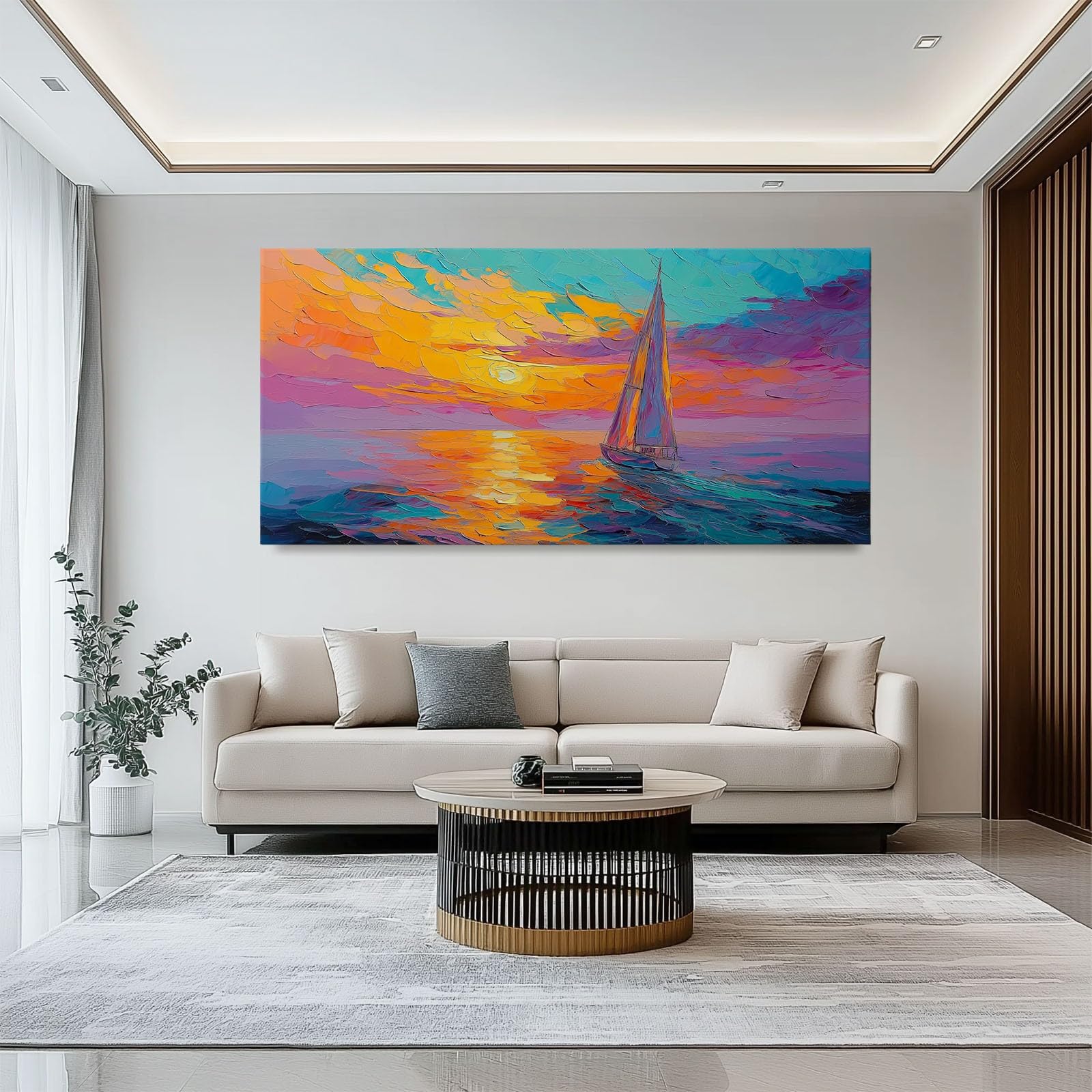 Bilder Ölgemälde Sonnenuntergang Segelboot auf dem Meer 1 Teilig Leinwandbilder Bunt Bild auf Leinwand Vlies Wandbild Kunstdruck Wanddeko Wand Wohnzimmer Wanddekoration120L x 50B cm Ungerahmt