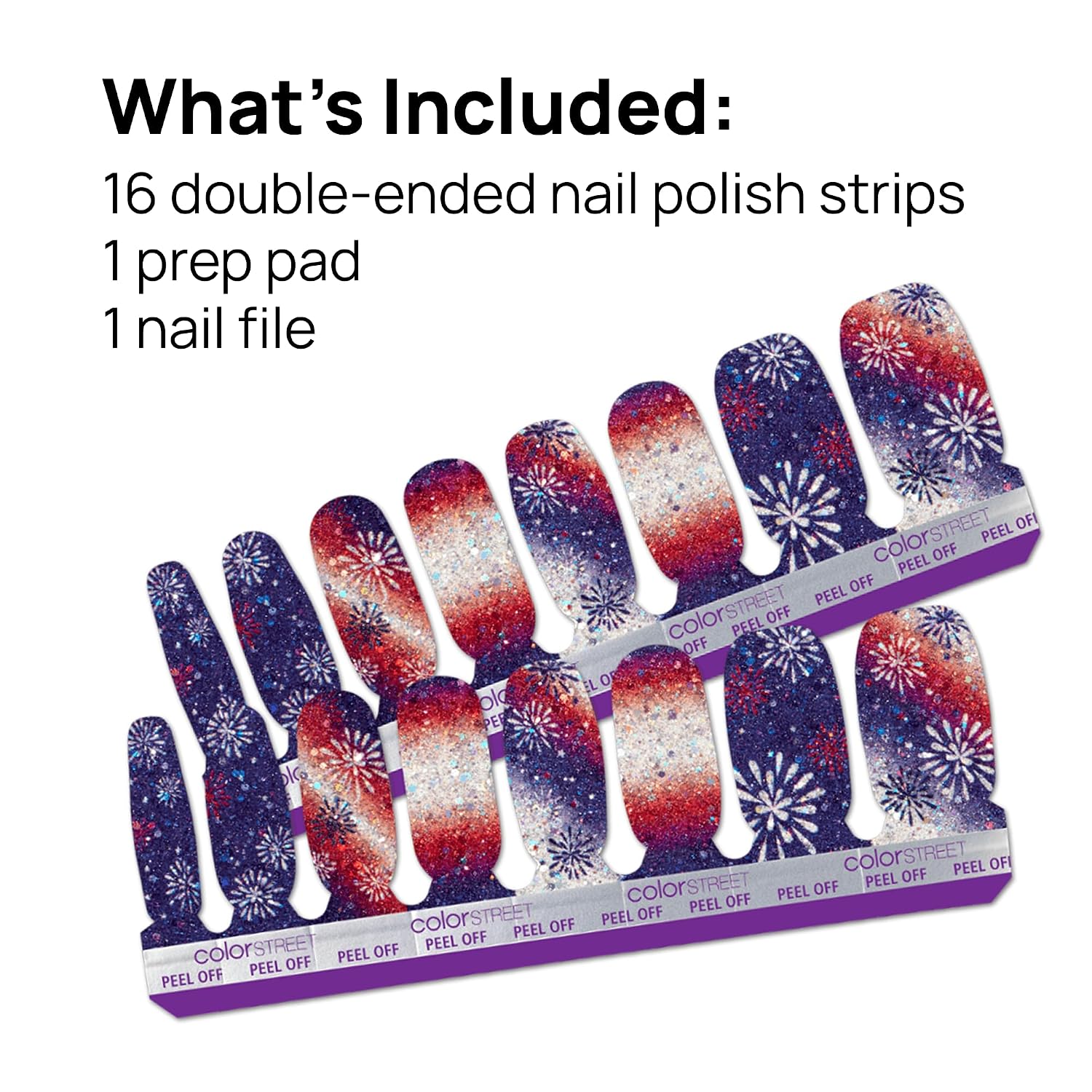 Color Street - Light Show - Red White Blue Glitter Gradient with Firework Design, Patriotic Collection, Nail Polish Strips - 16 Double-Ended Strips