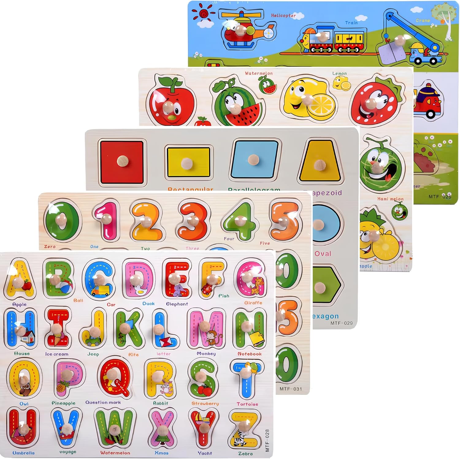 Montessori Alphabet, Number, Shape, Fruit & Vehicle Wooden Puzzle Set – 5‑in‑1 Learning Toy for Toddlers