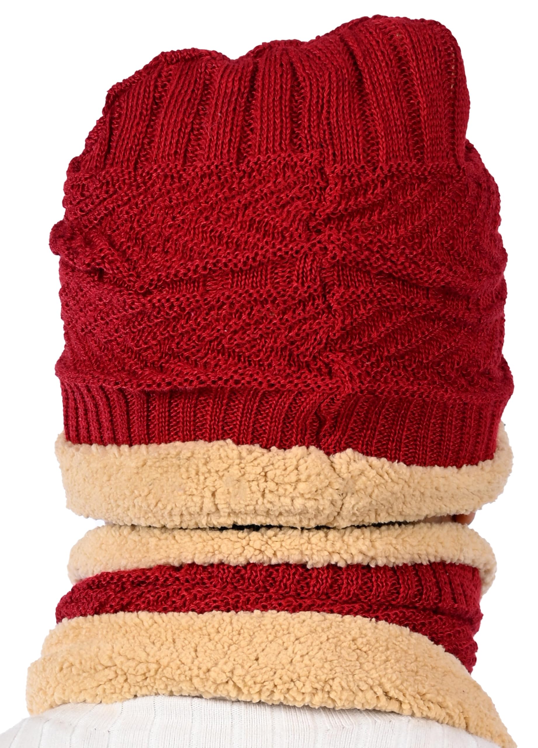 MUKHAKSH (Pack of 1 Set = 1 Beanie + 1 Neck Warmer Boys Winter Woolen Warm Maroon Sherpa Beanie Neck Warmer Cap for Extreme Weather Cold Winter 2