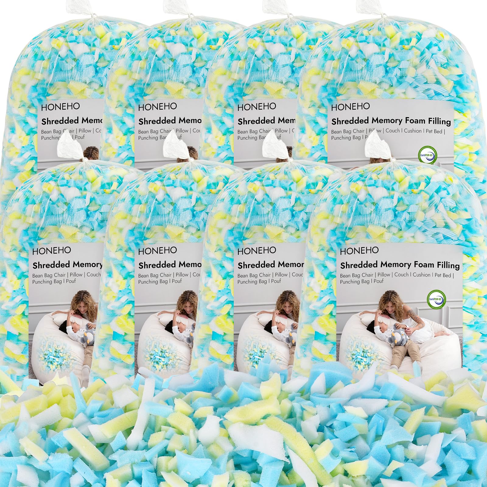 HONEHO 17.6KG Shredded Memory Foam Filling, Comfortable and Soft Bean Bag Chair Filler, Memory Foam Stuffing for Cooling Pillow, Beanbag, Stuffed Animal, Dog Bed, Couch Cushion