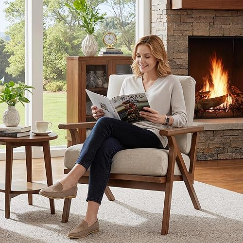 Miniatura 52 de Silla decorativa moderna de mediados de siglo con otomana, juego de sillón tapizado de lino de granja y otomano, silla de descanso retro de 23